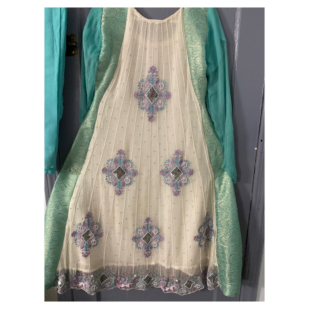 White and Aqua Blue Embellished Anarkali Suit